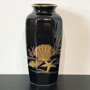 OTAGIRI 6" Mid Century Hand Painted Japanese Seashell Vase Japan 8 Sided Black